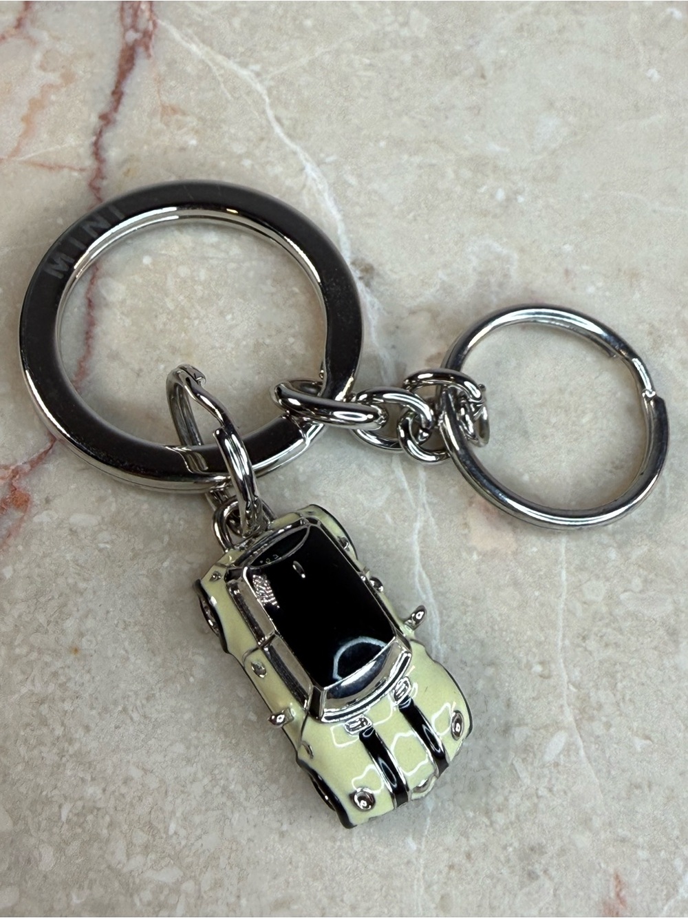 Mini Silver Car Charm Keychain with Light Yellow Car Accent